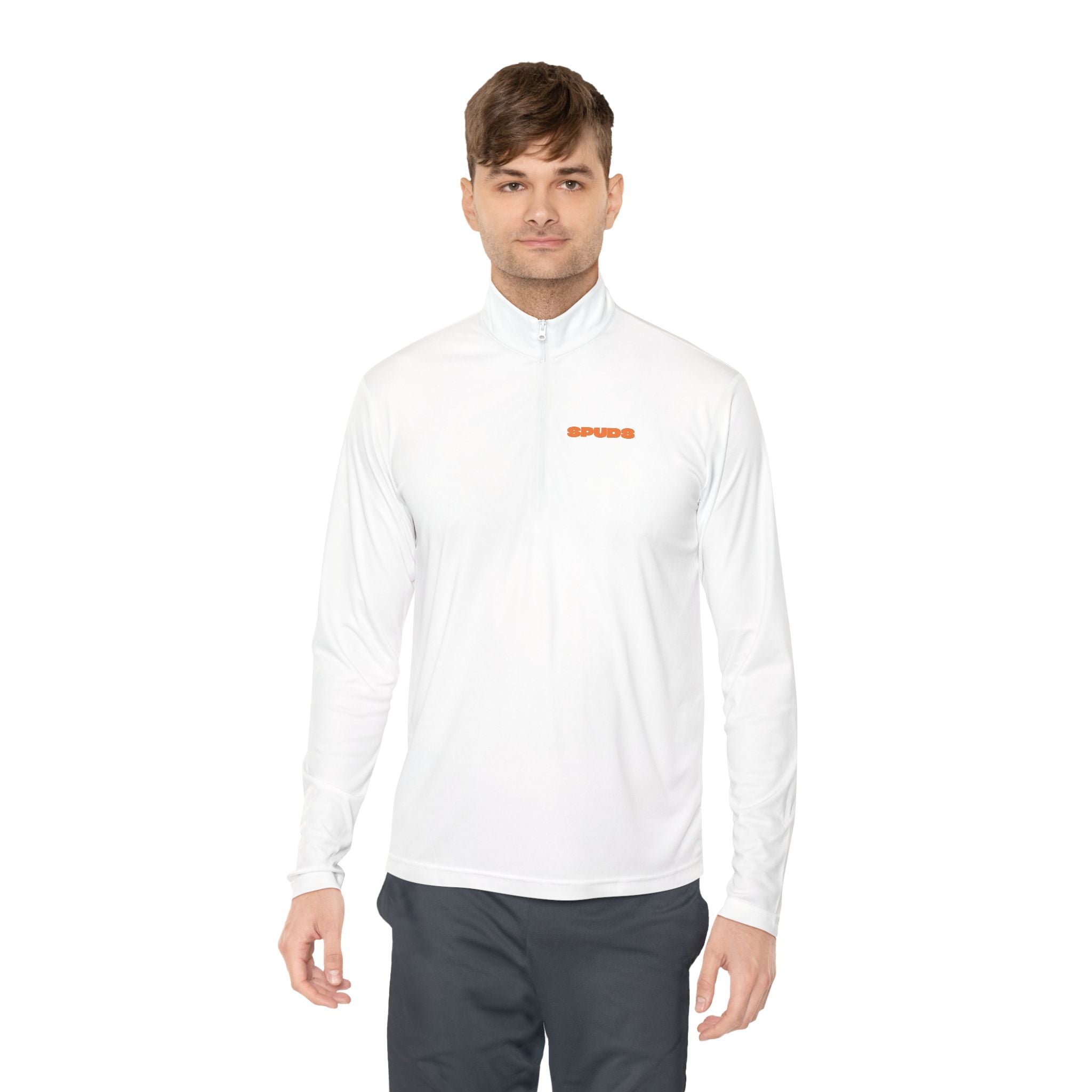 Quarter-Zip Pullover — Minimal Orange Bar Chest Logo